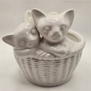 Vintage White Ceramic Kittens in Basket Planter Succulent Pot Figurine 5 inch